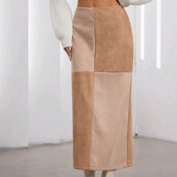 Women's High Waist Suede Patchwork Color Block Split Hem Fitted Pencil Skirt